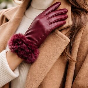 Elegant Burgundy Leather Gloves with Faux Fur Trim